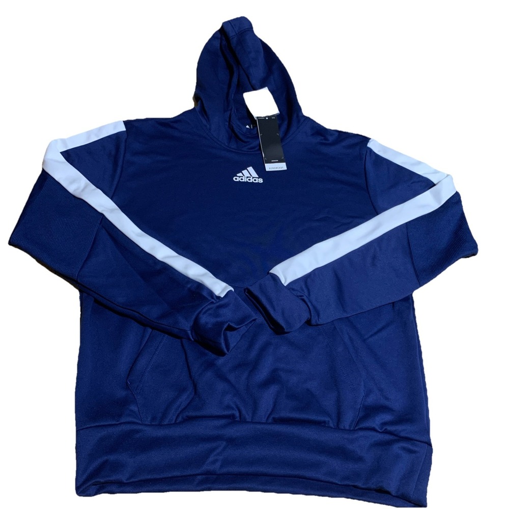 Adidas Hoodie Mens Medium Navy Blue Knit Pullover Sweatshirt Athletic Sports New
